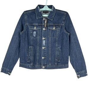 New Look‎ Women's Distressed Blue Denim Jacket Size M Button-Down Cotton NWT